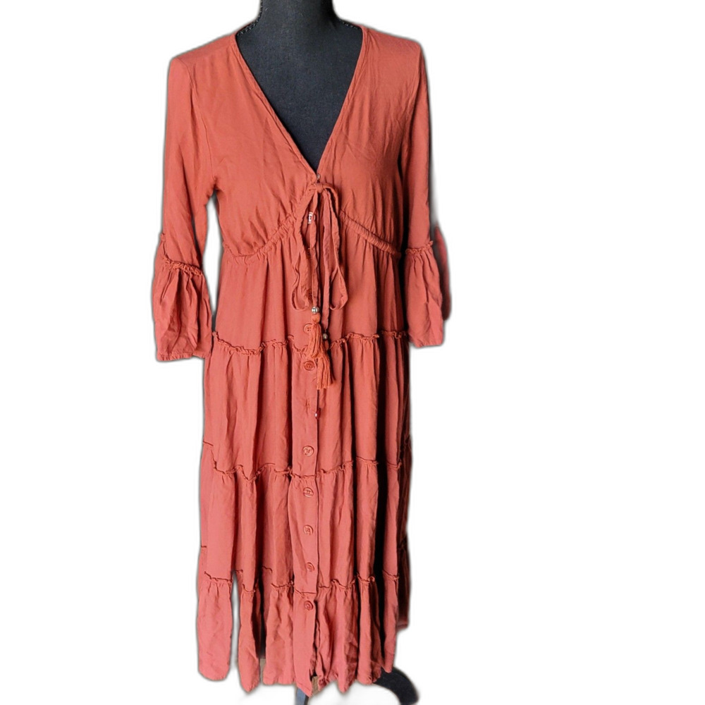 J.Gee Boho Maxi Dress Terracotta Rust Orange Tiered Puff Sleeve V-Neck M